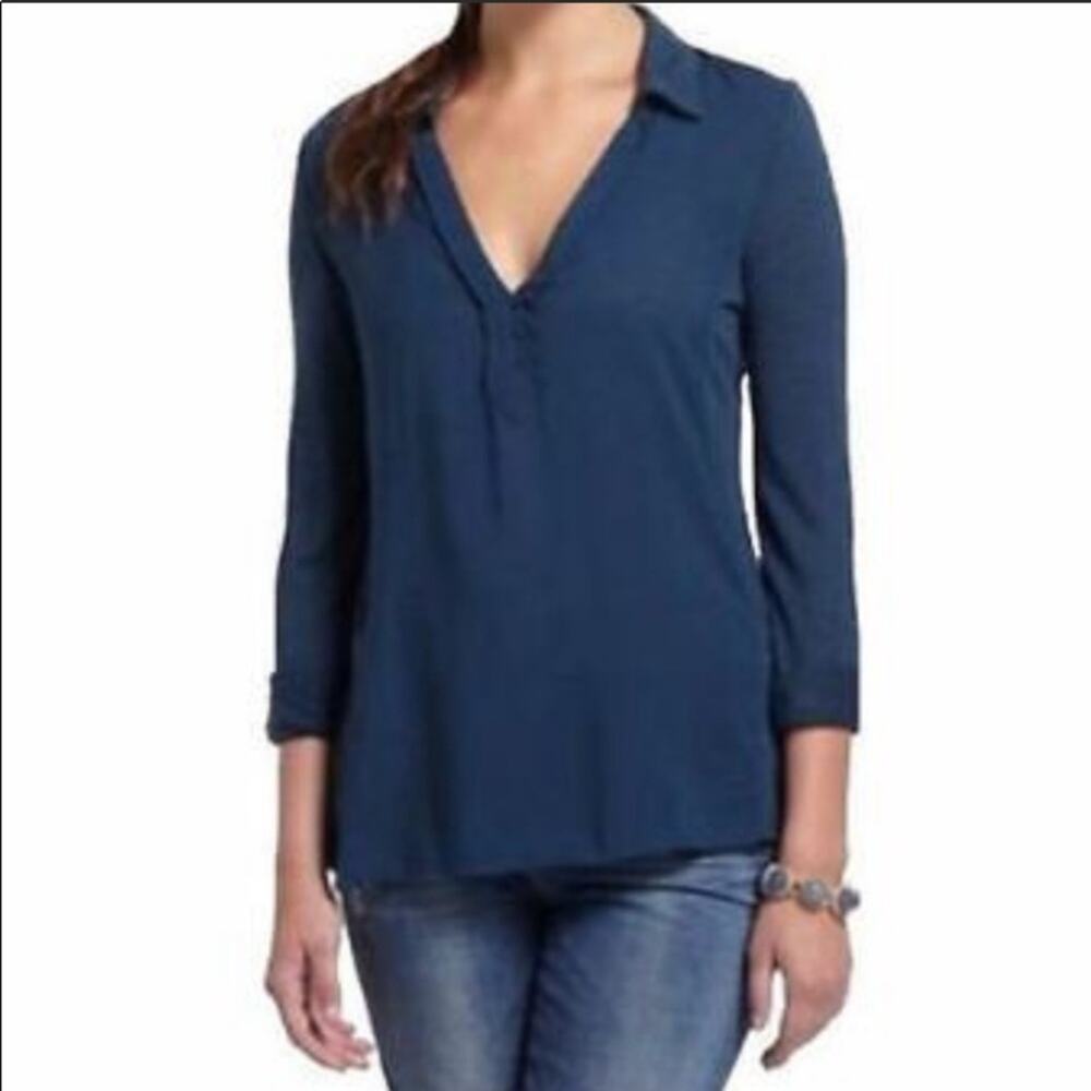 Anthropologie Postmark Teal Roll Cuff Long Sleeve Top